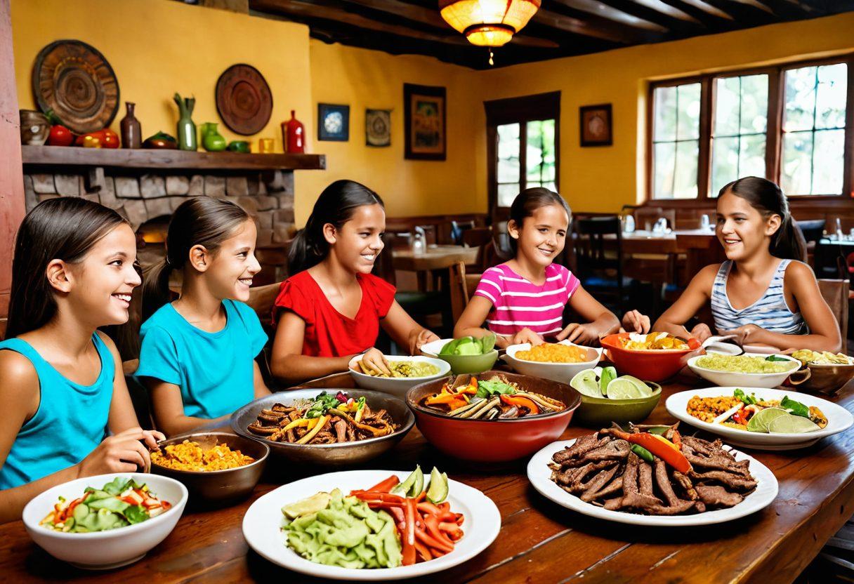 A vibrant family dining scene at La Hacienda, featuring a diverse array of colorful dishes like sizzling fajitas and fresh guacamole on a rustic wooden table. Joyful children and adults are sharing laughter, with festive decorations in the background representing Mexican culture. Bright, inviting colors dominate the scene, evoking warmth and happiness. lively atmosphere, focus on delicious food and family bonding. super-realistic. vibrant colors. 3D.