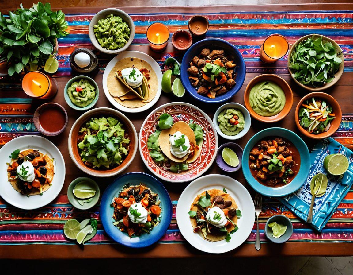 A vibrant, beautifully arranged table showcasing an array of gourmet Mexican dishes, including colorful tacos, enchiladas, and fresh guacamole on hand-painted pottery. Surround the table with lush tropical plants and traditional Mexican textiles for depth and warmth. Capture the essence of a lively dining atmosphere with glowing candlelight and soft ambient colors. super-realistic. vibrant colors. white background.