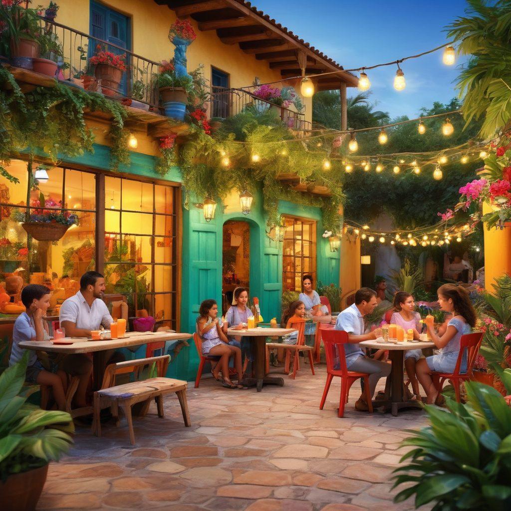 A joyful family exploring La Hacienda, surrounded by vibrant decorations and festive lights. Children playing in colorful playgrounds while parents sip refreshing drinks at a lively outdoor cafe. The atmosphere exudes warmth and friendly service with staff engaging with guests. Include lush greenery and colorful flowers to enhance the tropical feel. super-realistic. vibrant colors. 3D.